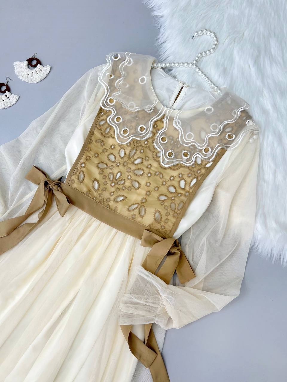 پیراهن دو تیکه تور و خامه دوزی کد 3721