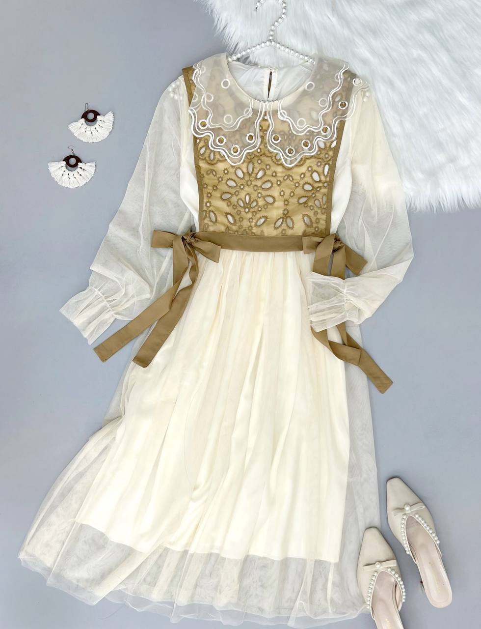 پیراهن دو تیکه تور و خامه دوزی کد 3721