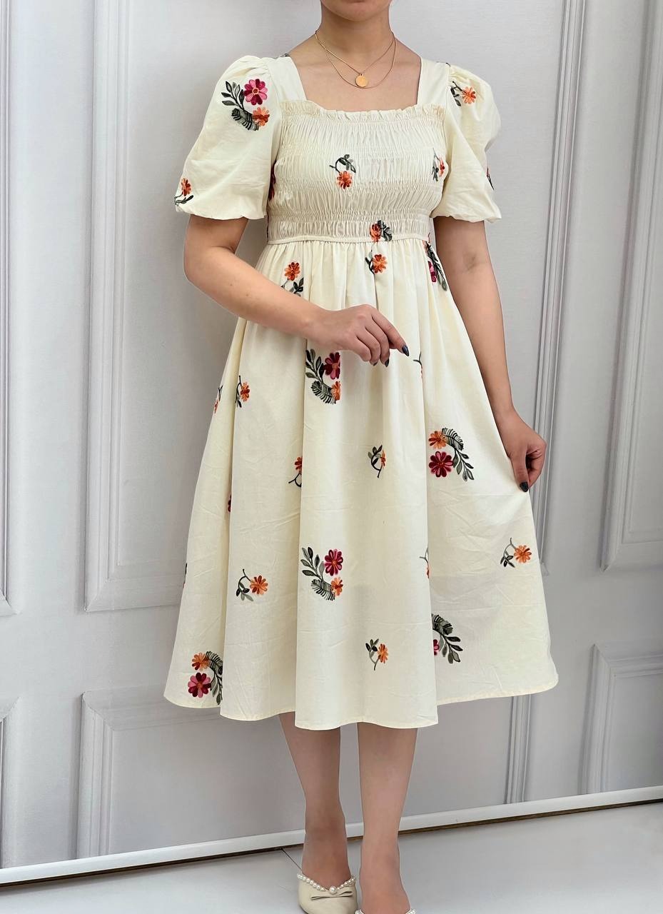 پیراهن کتان نخ گلدوزی شده کد 3732