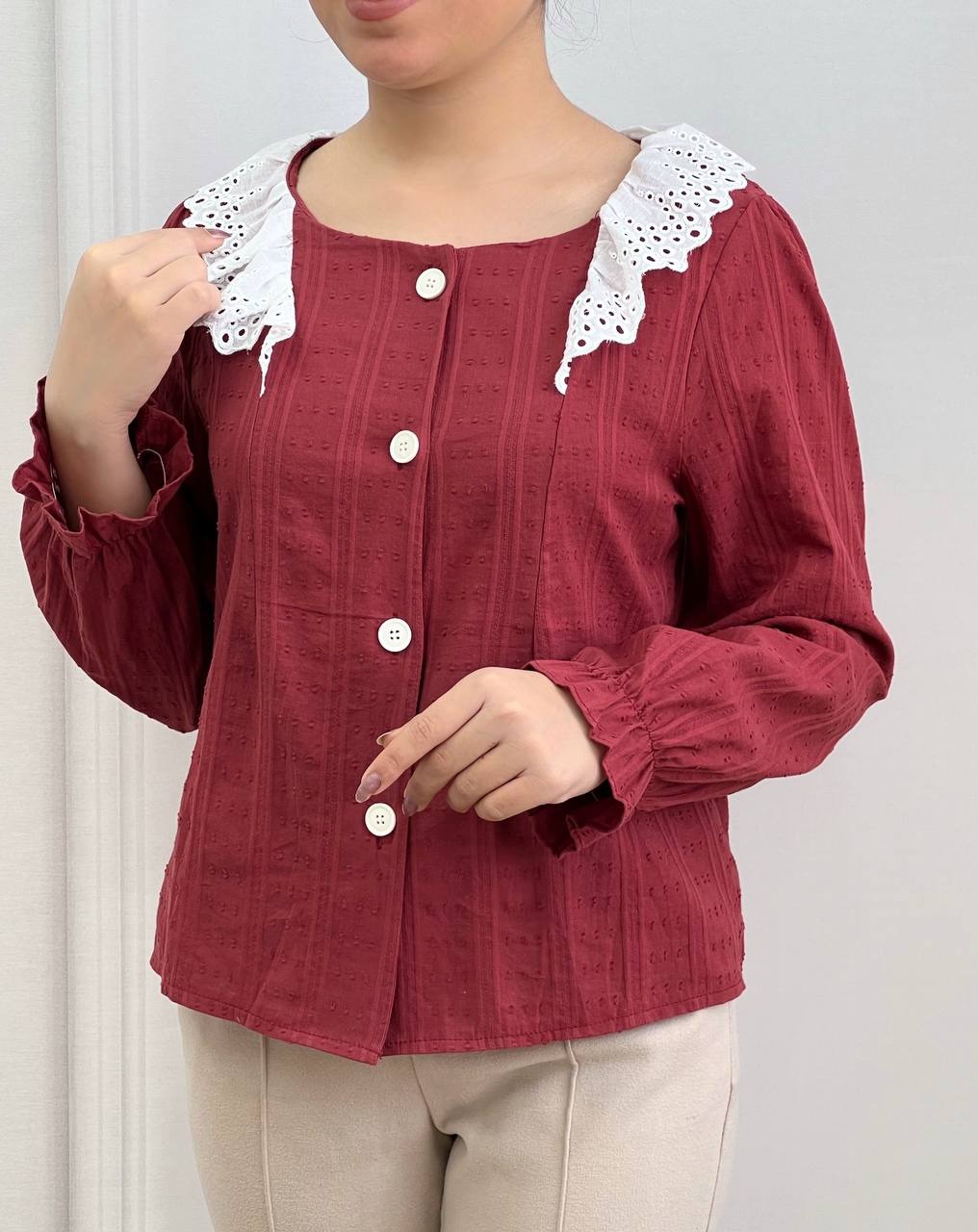 شومیز خامه دوزی گل برجسته آجری کد 3743