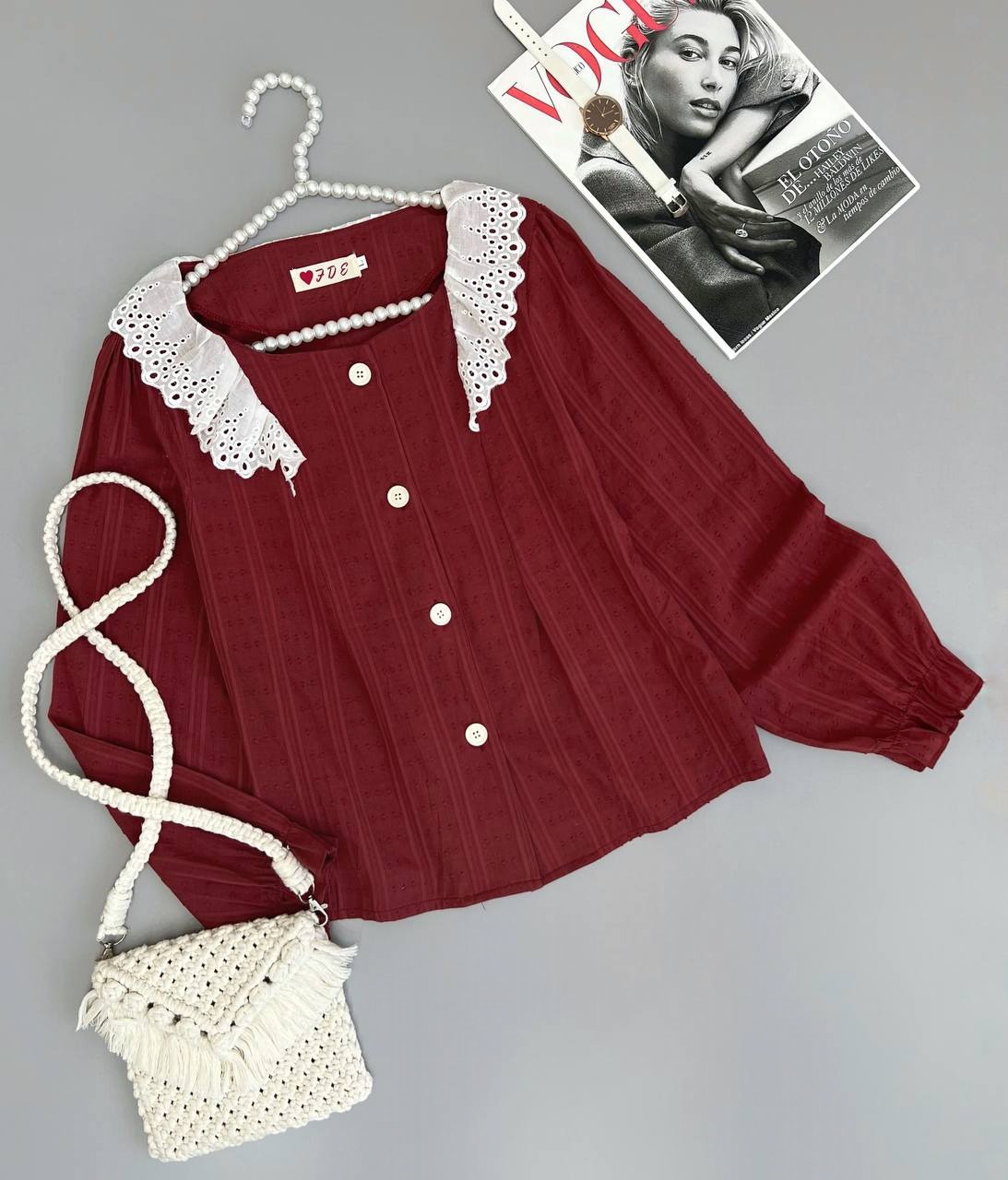 شومیز خامه دوزی گل برجسته آجری کد 3743