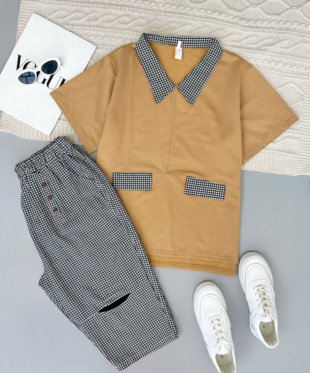 ست بلوز و شلوارک چهارخونه کد 3804