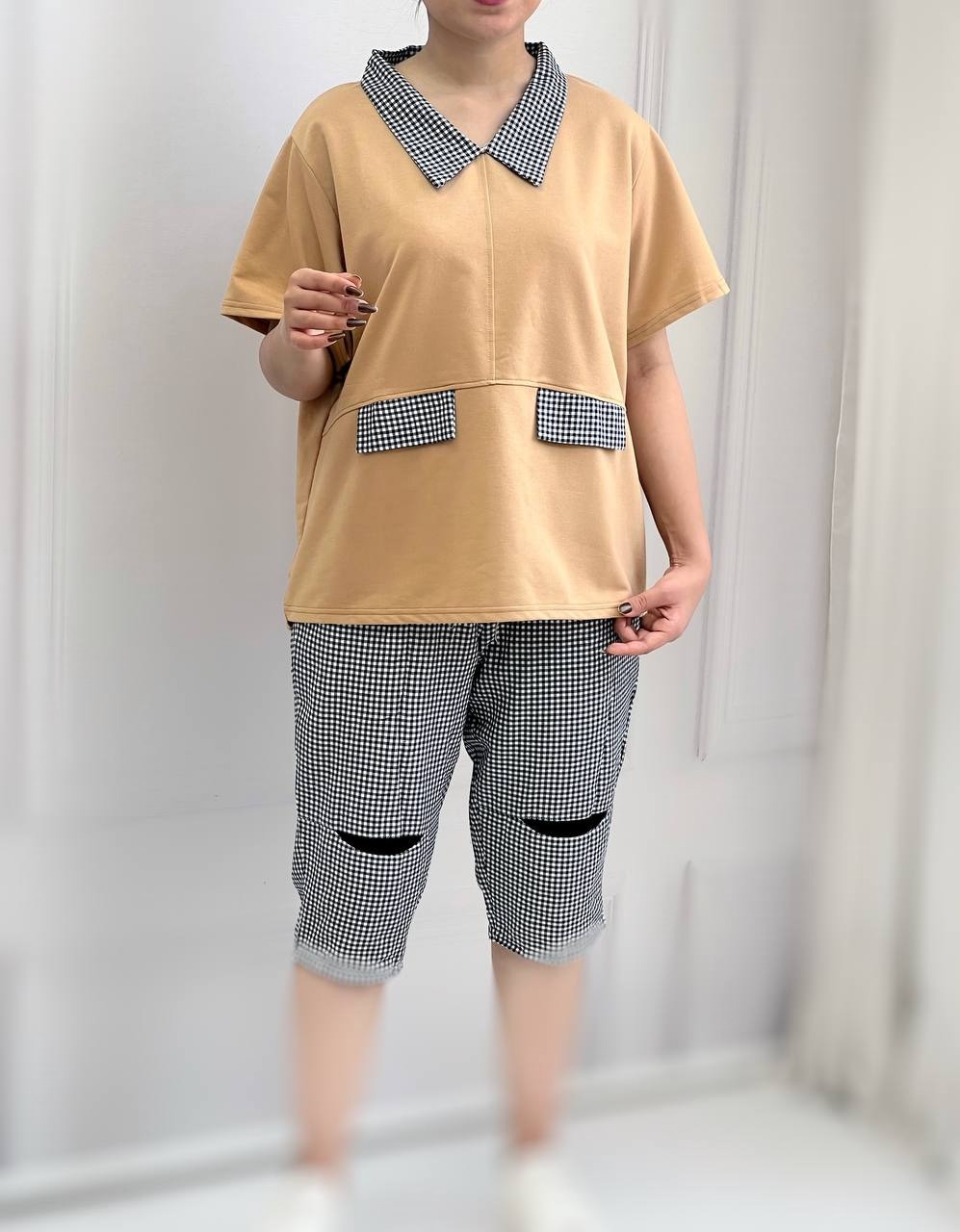 ست بلوز و شلوارک چهارخونه کد 3804