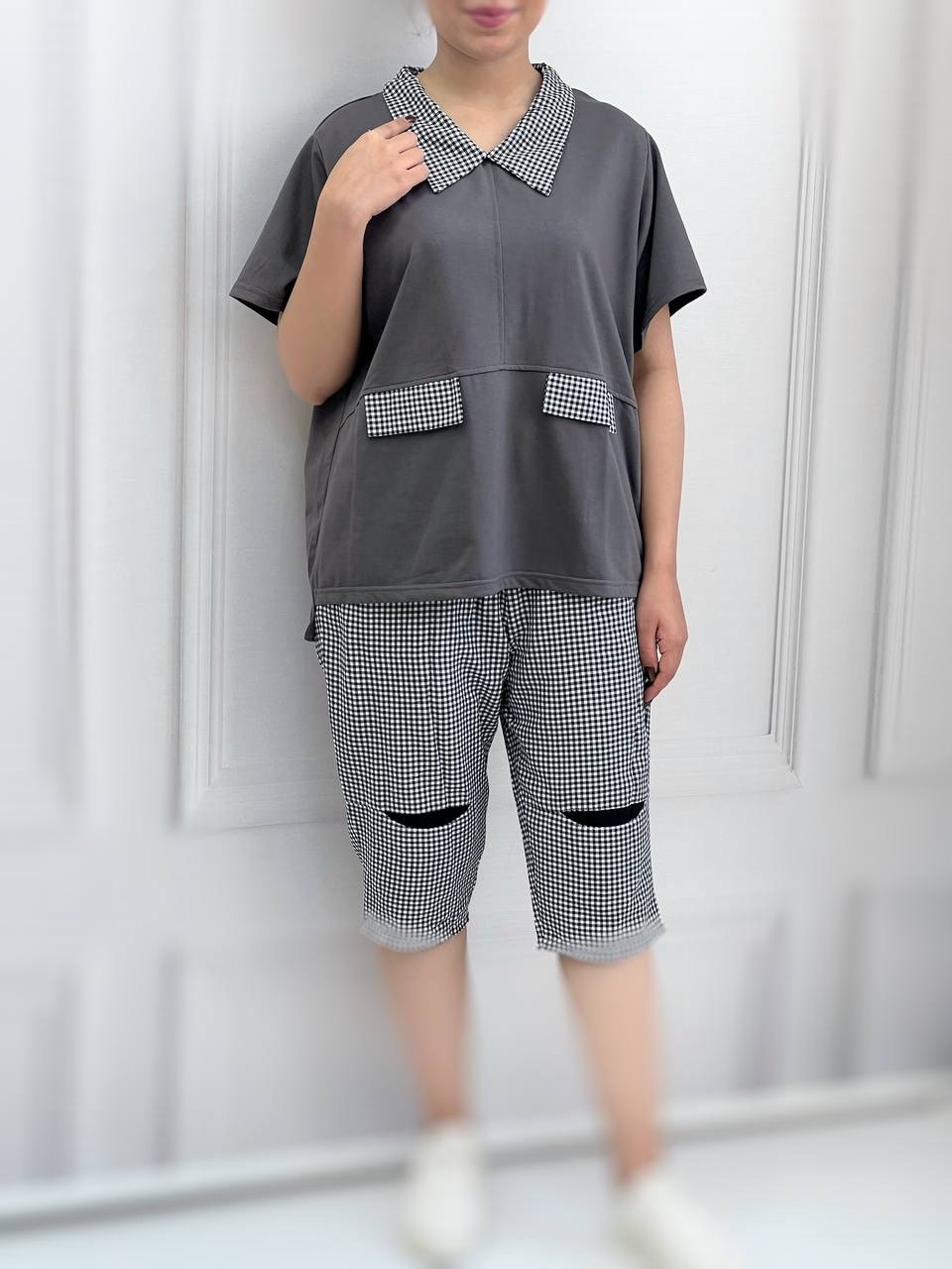 ست بلوز و شلوارک چهارخونه کد 3804