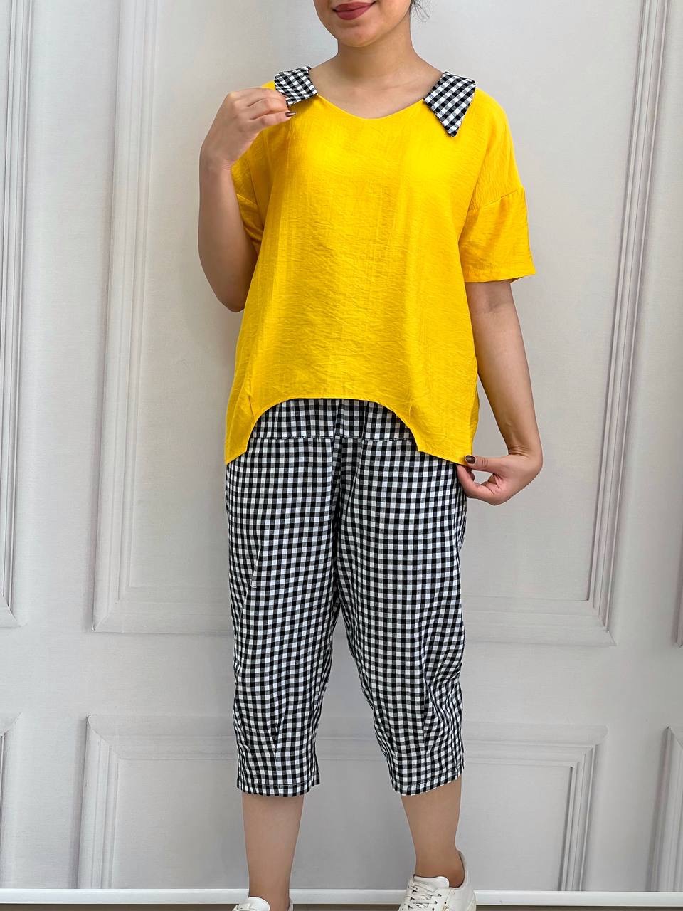 ست شومیز ساده با شلوار چهارخونه کد 3810