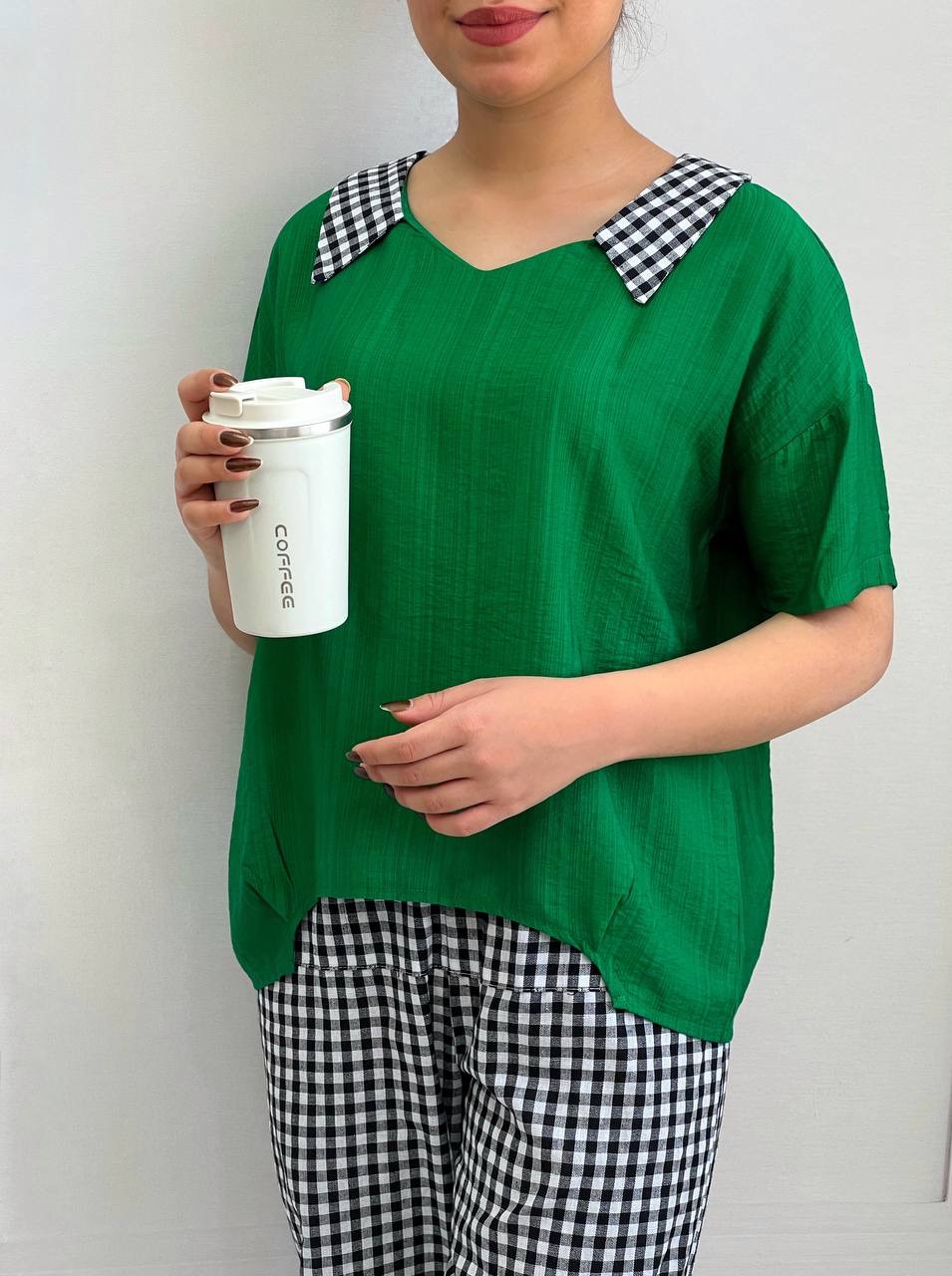 ست شومیز ساده با شلوار چهارخونه کد 3810