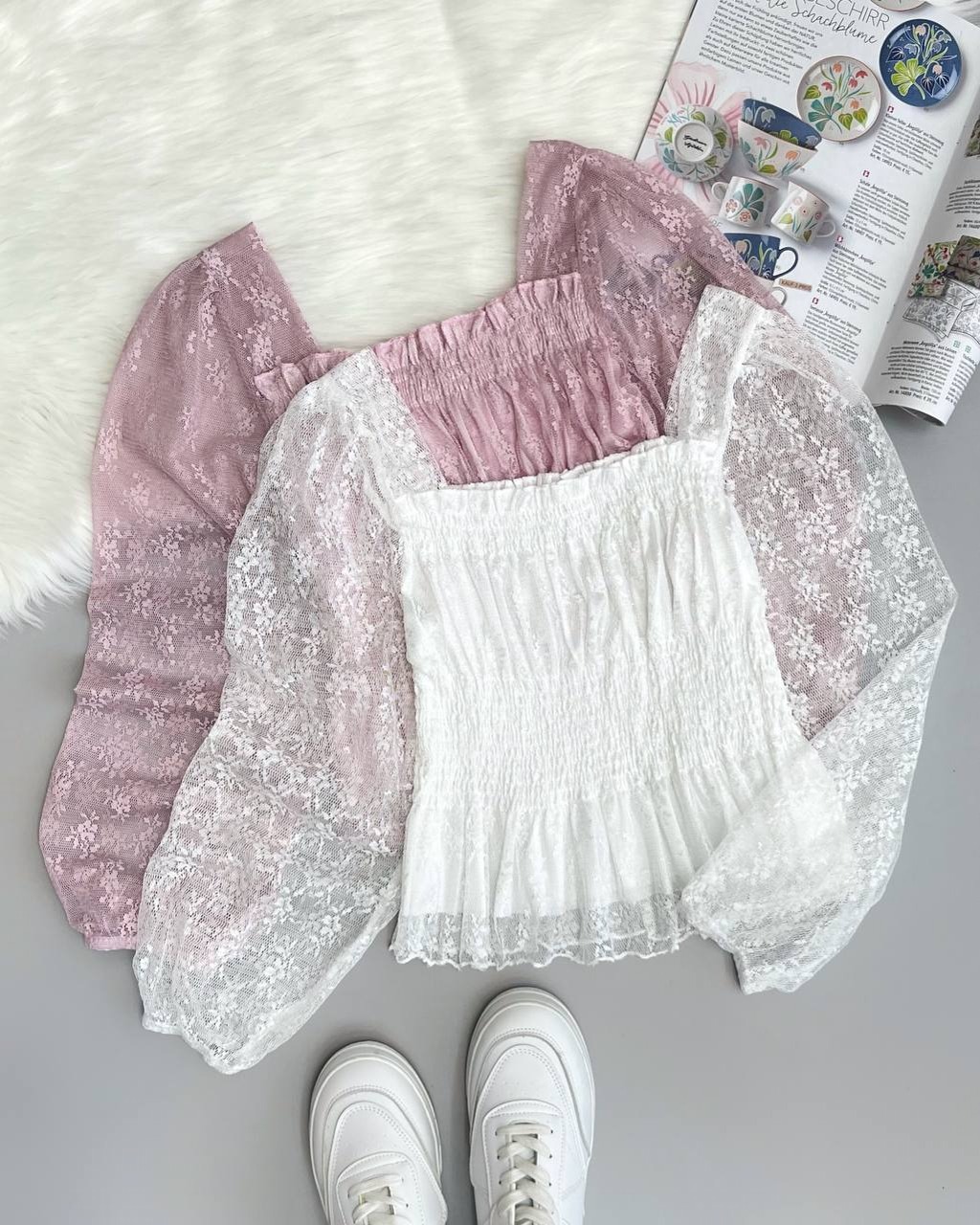 شومیز تمام گیپور کمرکش کد 3812