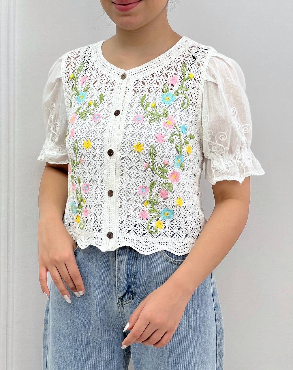 شومیز قلاب بافی آستین پف کد 3835