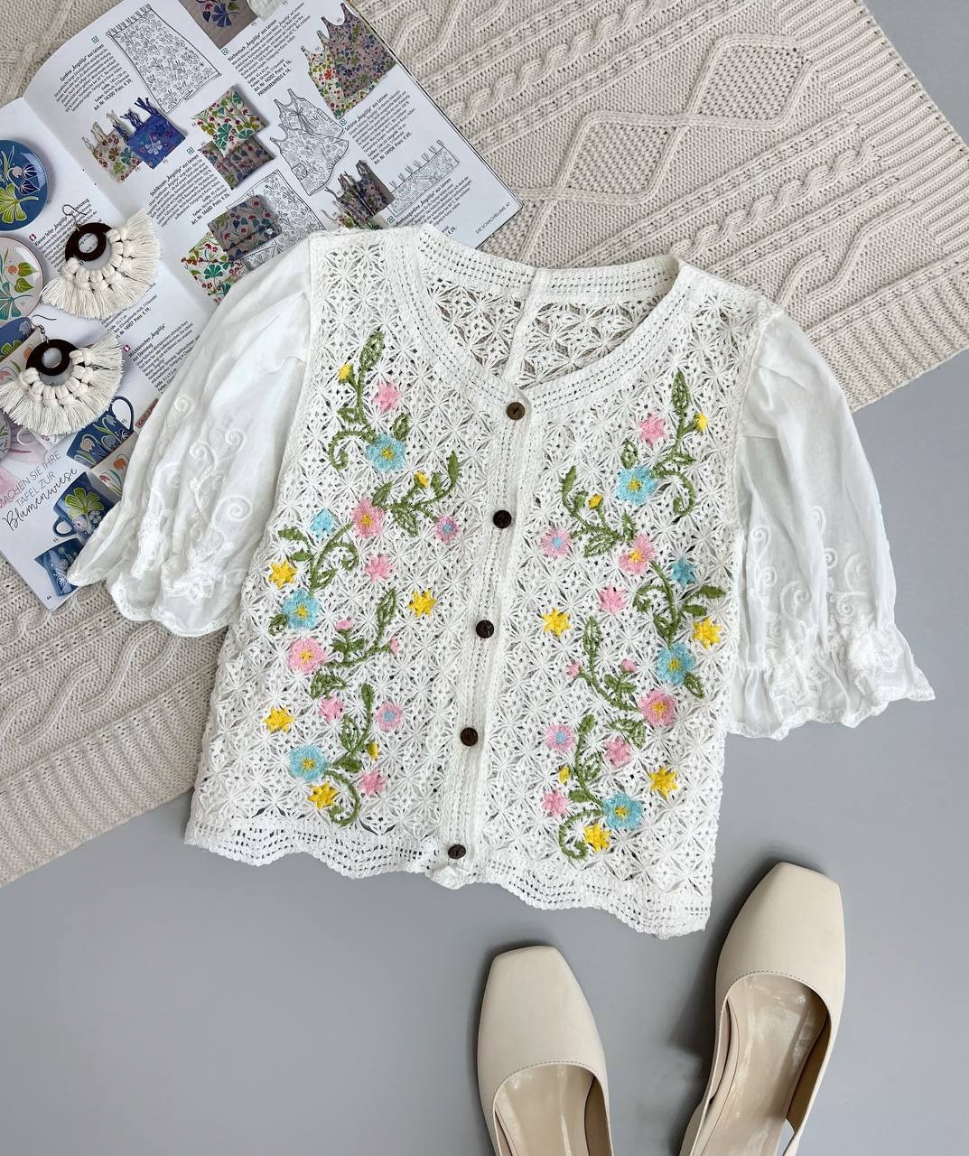 شومیز قلاب بافی آستین پف کد 3835