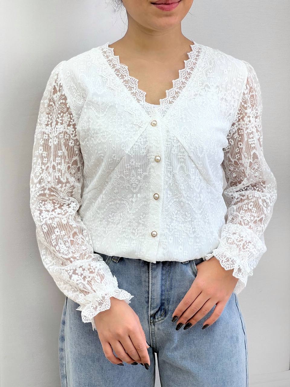 شومیز تمام دانتل گل برجسته کد 3837