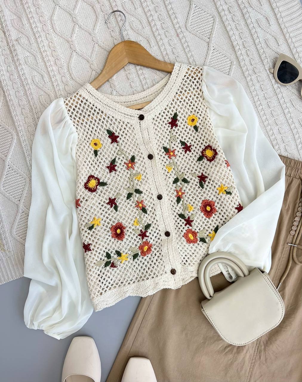 شومیز قلاب بافی آستین حریر کد 3840