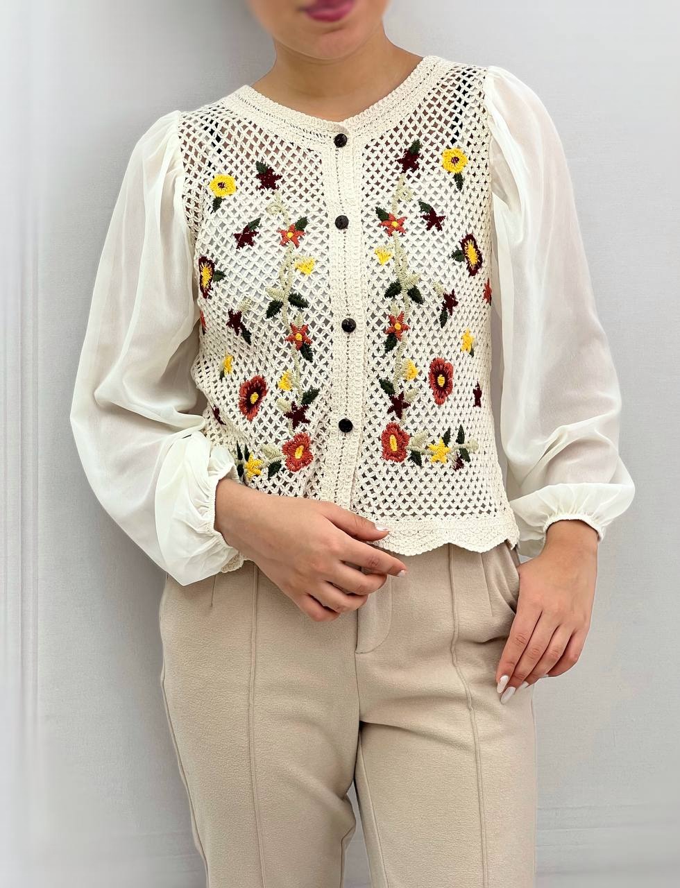 شومیز قلاب بافی آستین حریر کد 3840