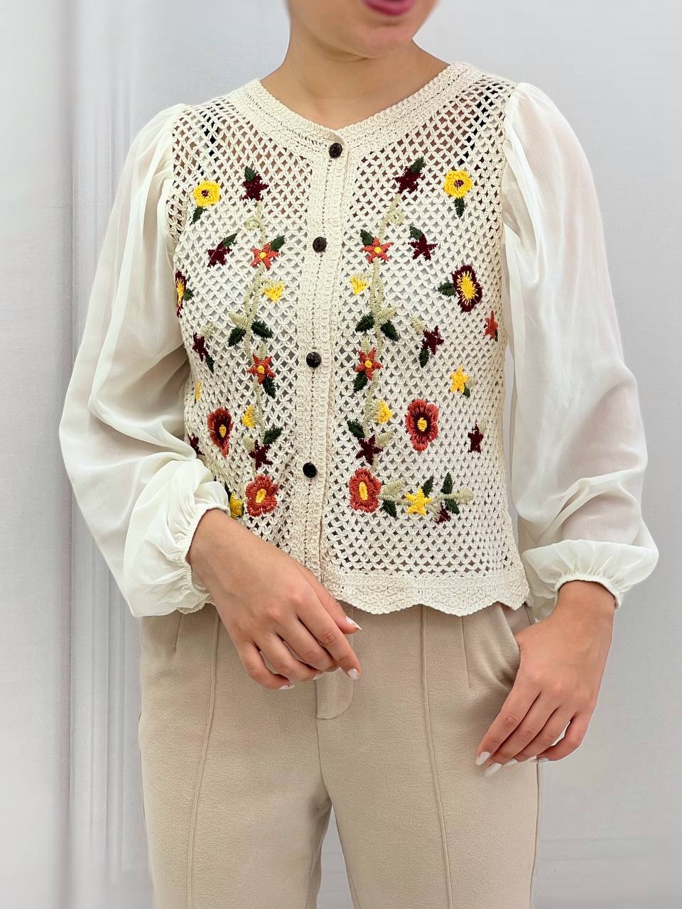 شومیز قلاب بافی آستین حریر کد 3840