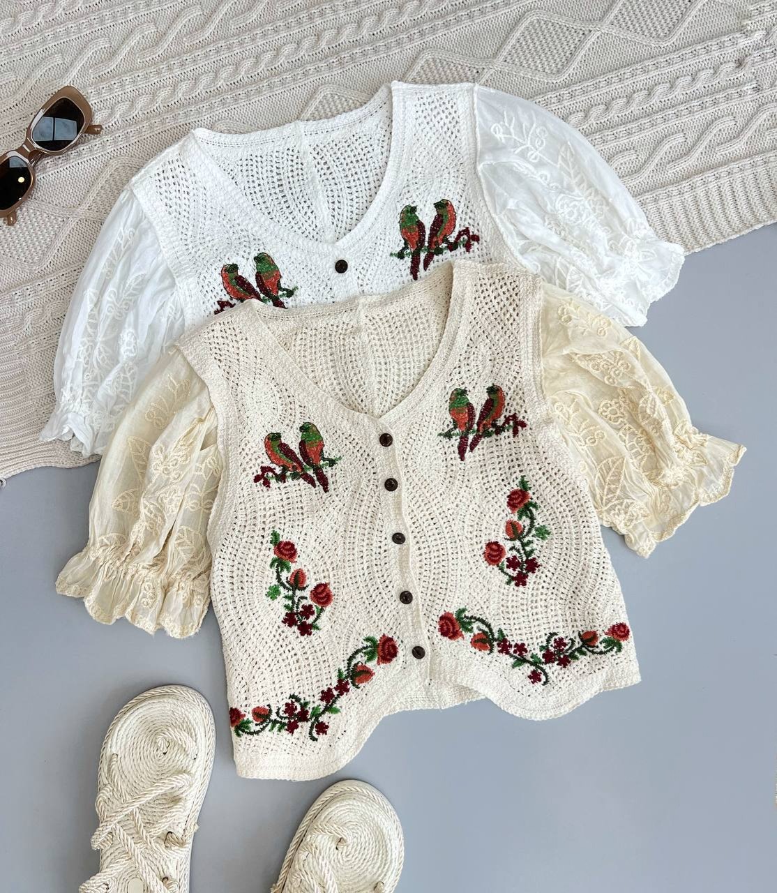 شومیز قلاب بافی آستین پف مدل 2 کد 3851