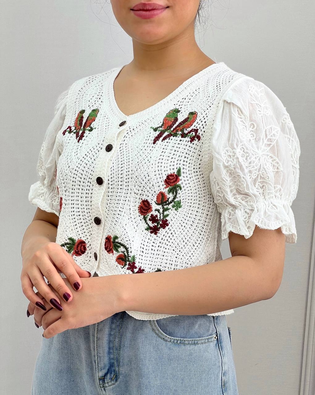 شومیز قلاب بافی آستین پف مدل 2 کد 3851