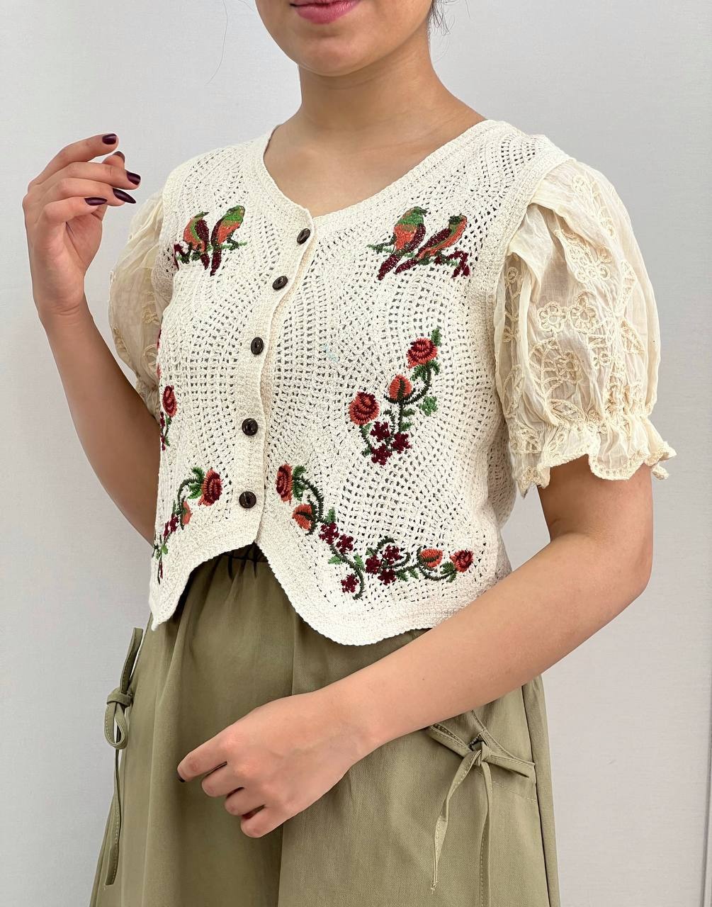 شومیز قلاب بافی آستین پف مدل 2 کد 3851