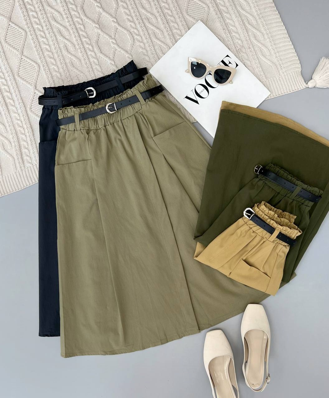 دامن کتان کش میدی بهمراه کمربند کد 3855