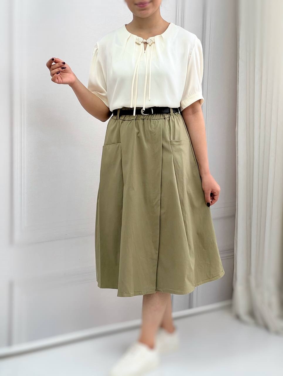 دامن کتان کش میدی بهمراه کمربند کد 3855