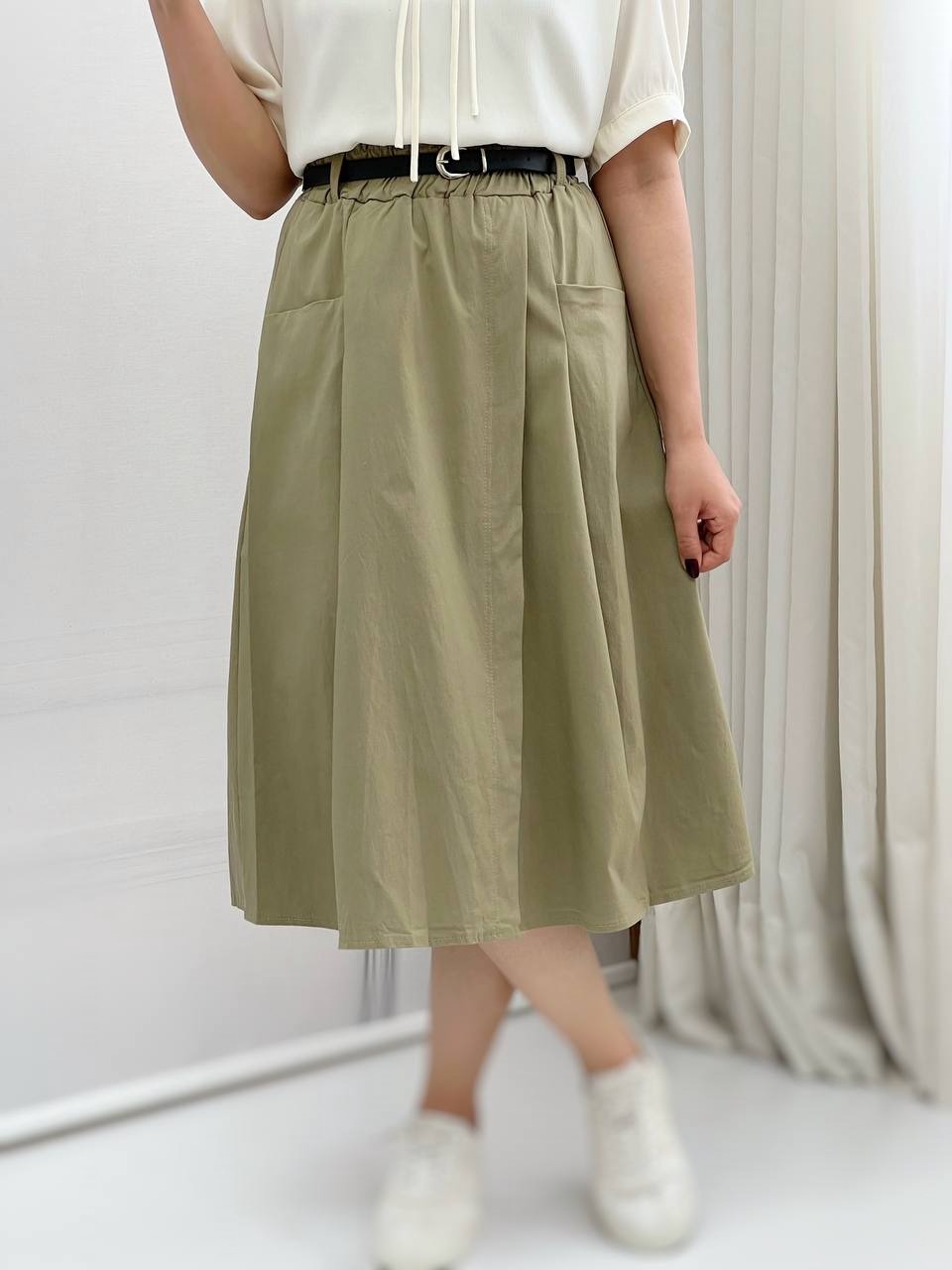 دامن کتان کش میدی بهمراه کمربند کد 3855