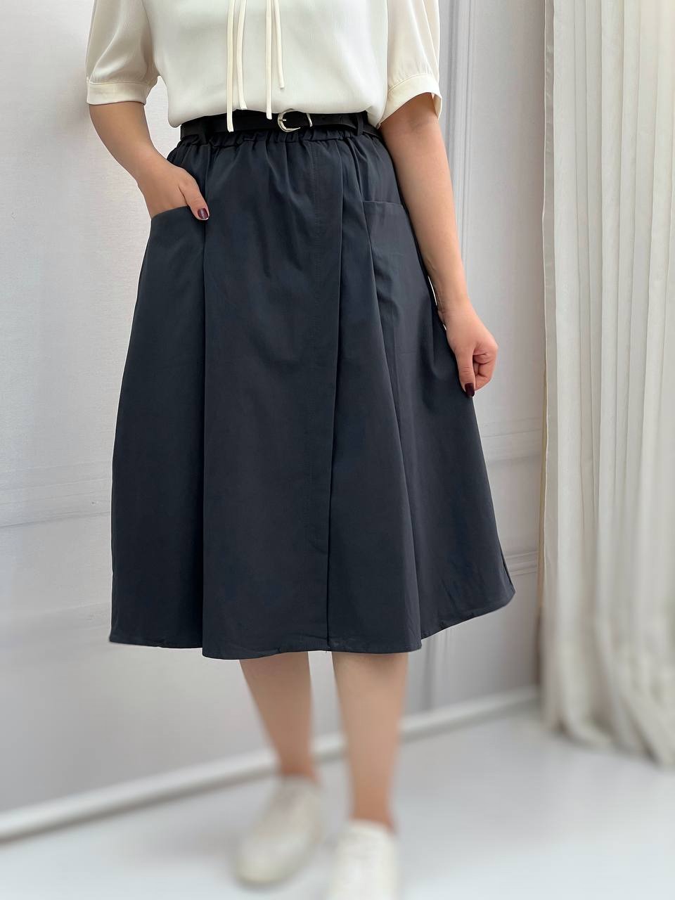 دامن کتان کش میدی بهمراه کمربند کد 3855