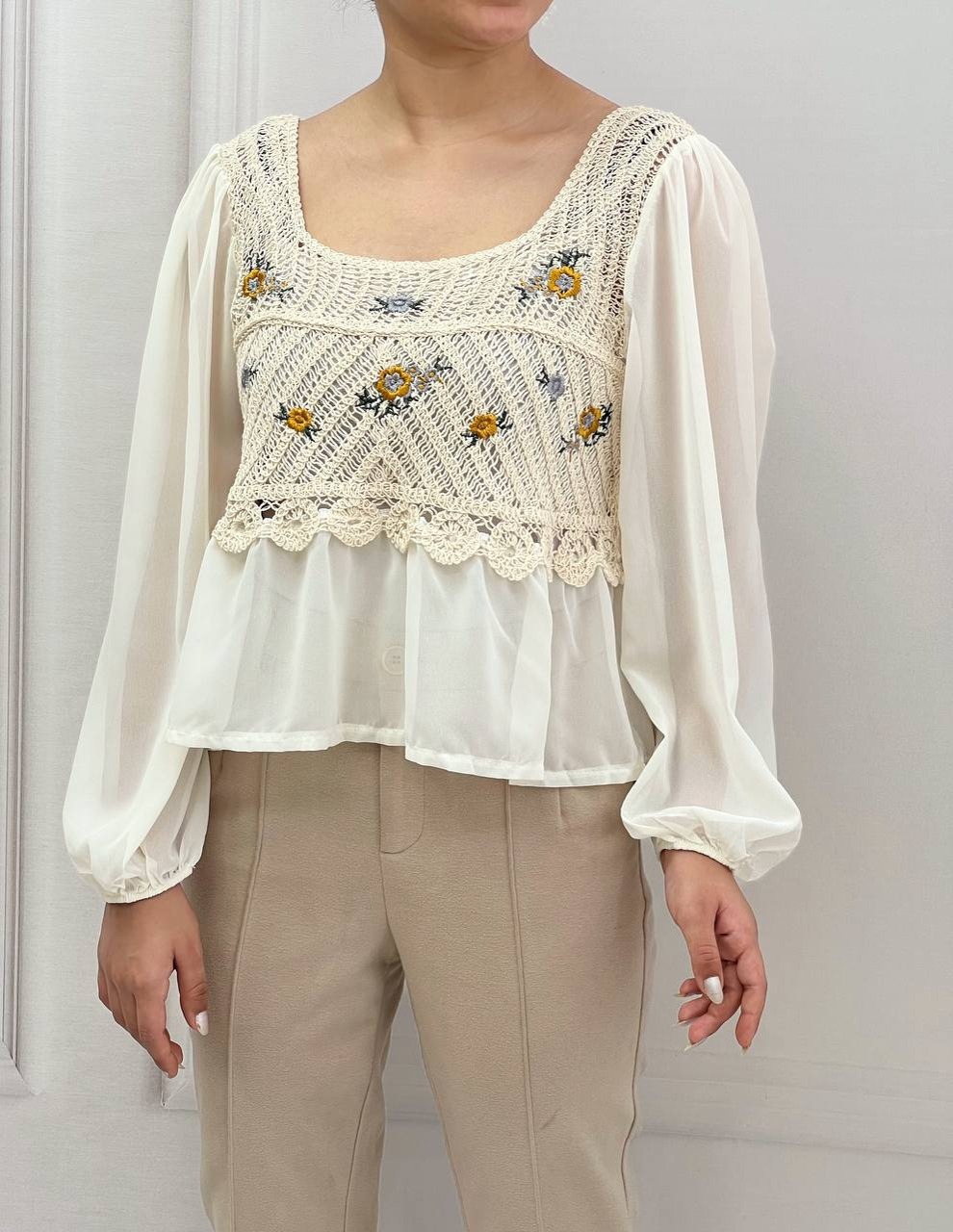 شومیز قلاب بافی آستین حریر کد 3858