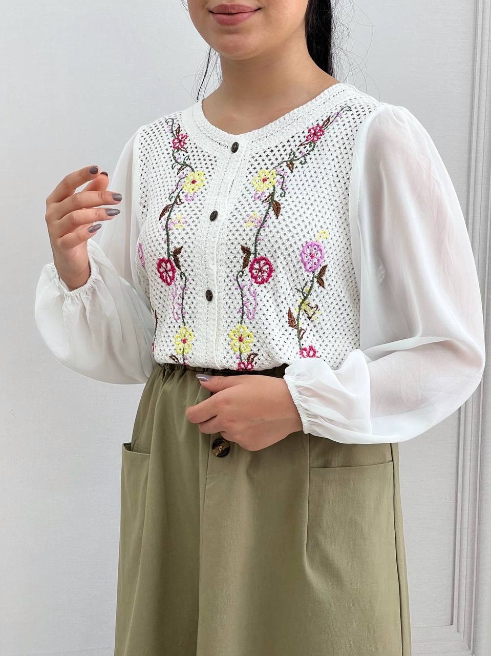 شومیز قلاب بافی آستین حریر مدل 2 کد 3873