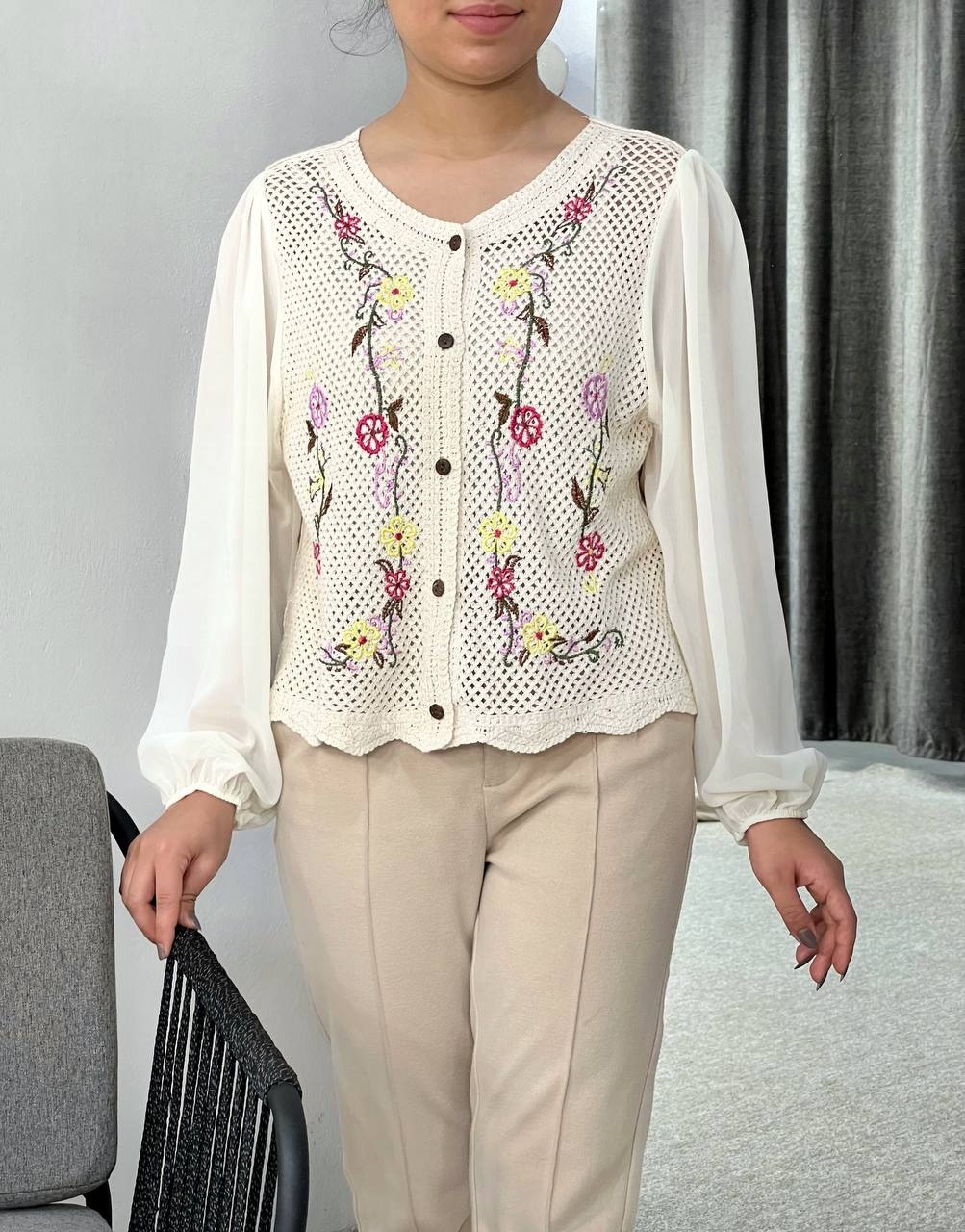 شومیز قلاب بافی آستین حریر مدل 2 کد 3873