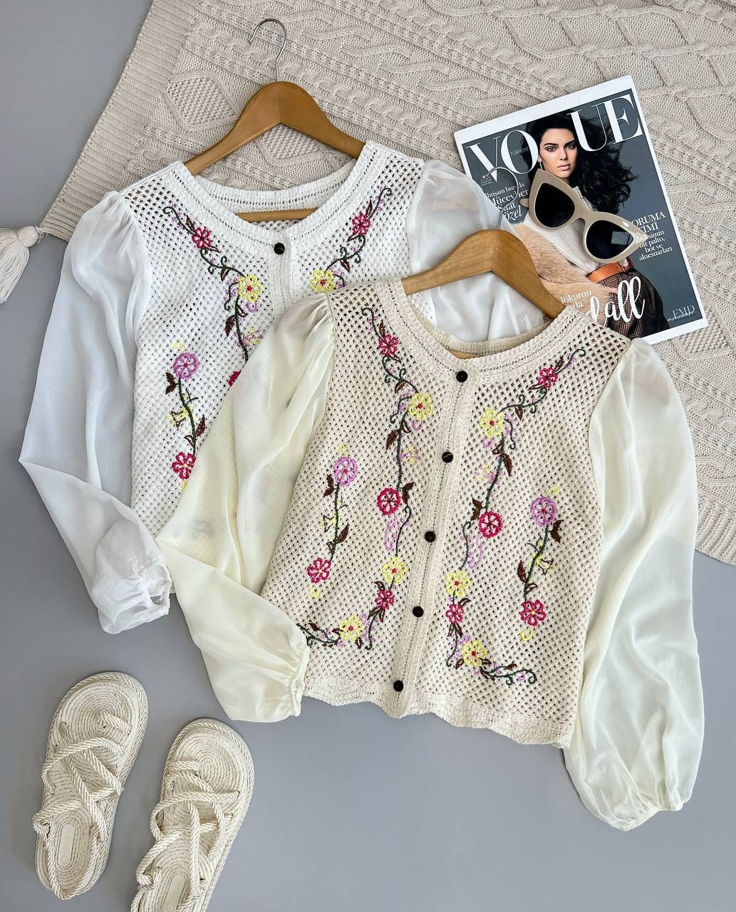 شومیز قلاب بافی آستین حریر مدل 2 کد 3873