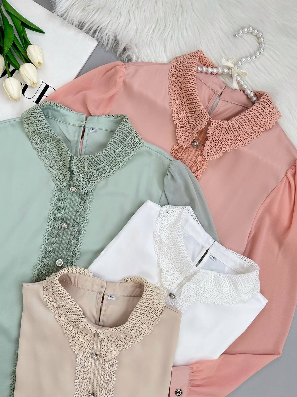 شومیز ساتن نوار گیپور اورجینال کد 3945