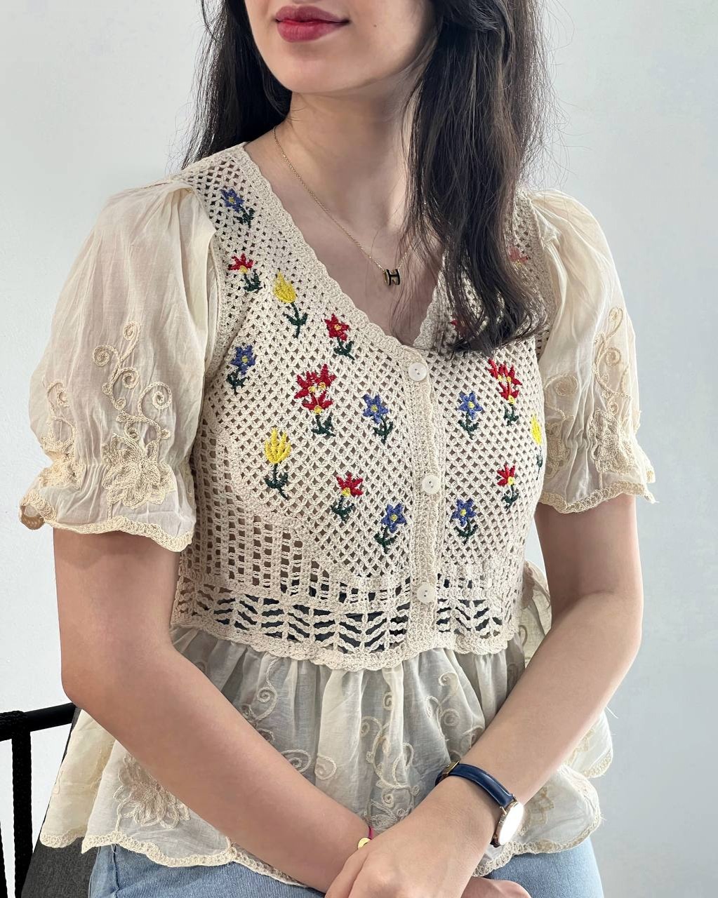 شومیز قلاب بافی آستین پف کد 3992