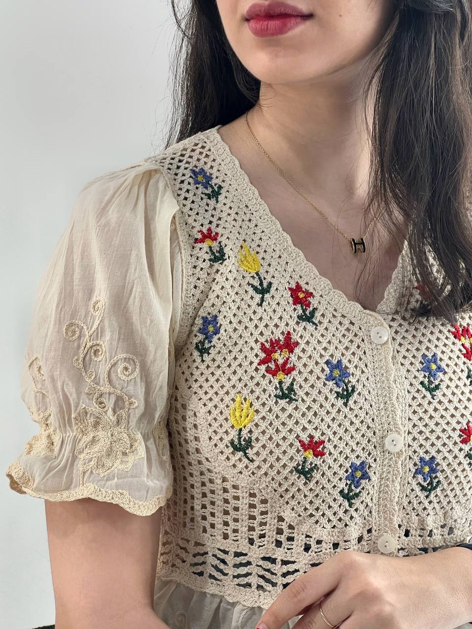 شومیز قلاب بافی آستین پف کد 3992