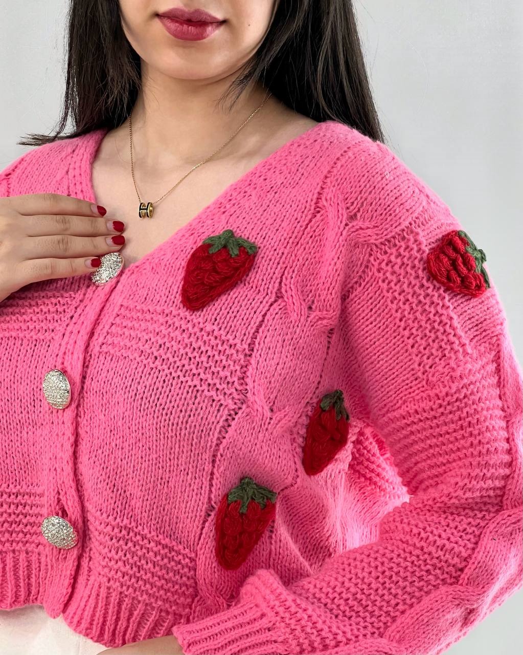 ژاکت بافت جلو دکمه توت فرنگی کد 3998