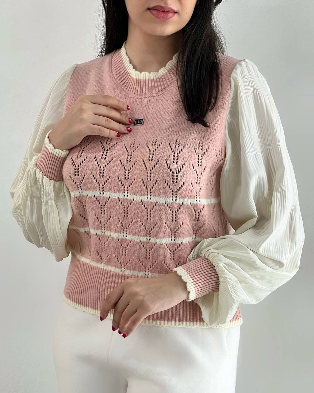 پلیور بافت آستین پلیسه کد 4011