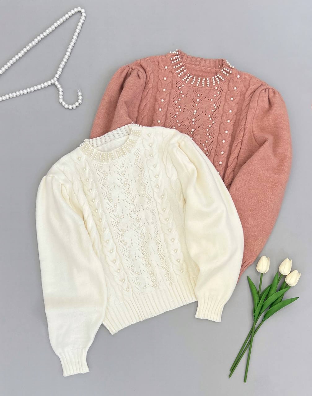 پلیور بافت مروارید آستین پف کد 4034