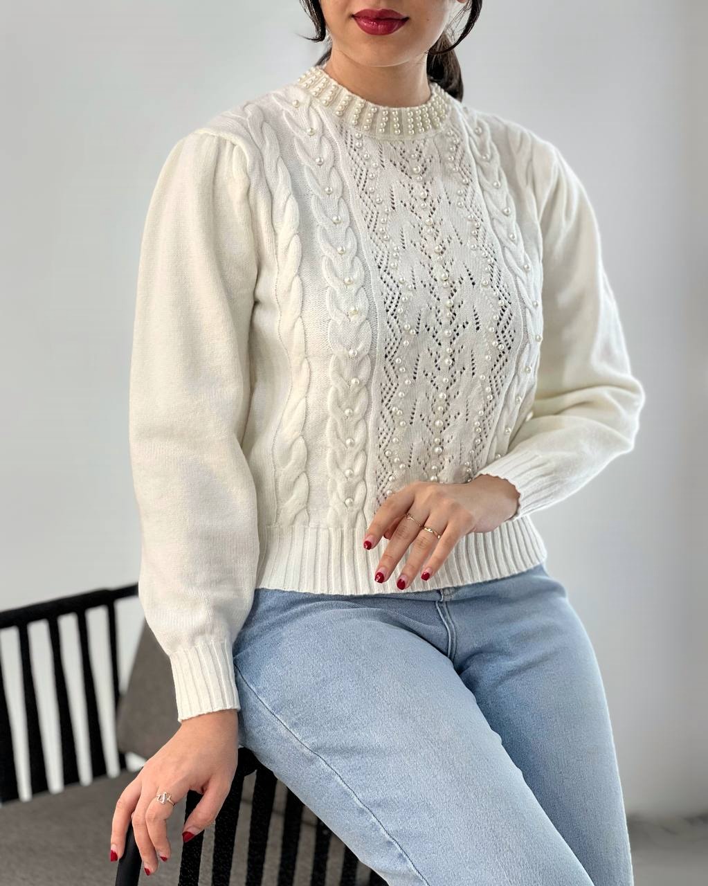 پلیور بافت مروارید آستین پف کد 4034