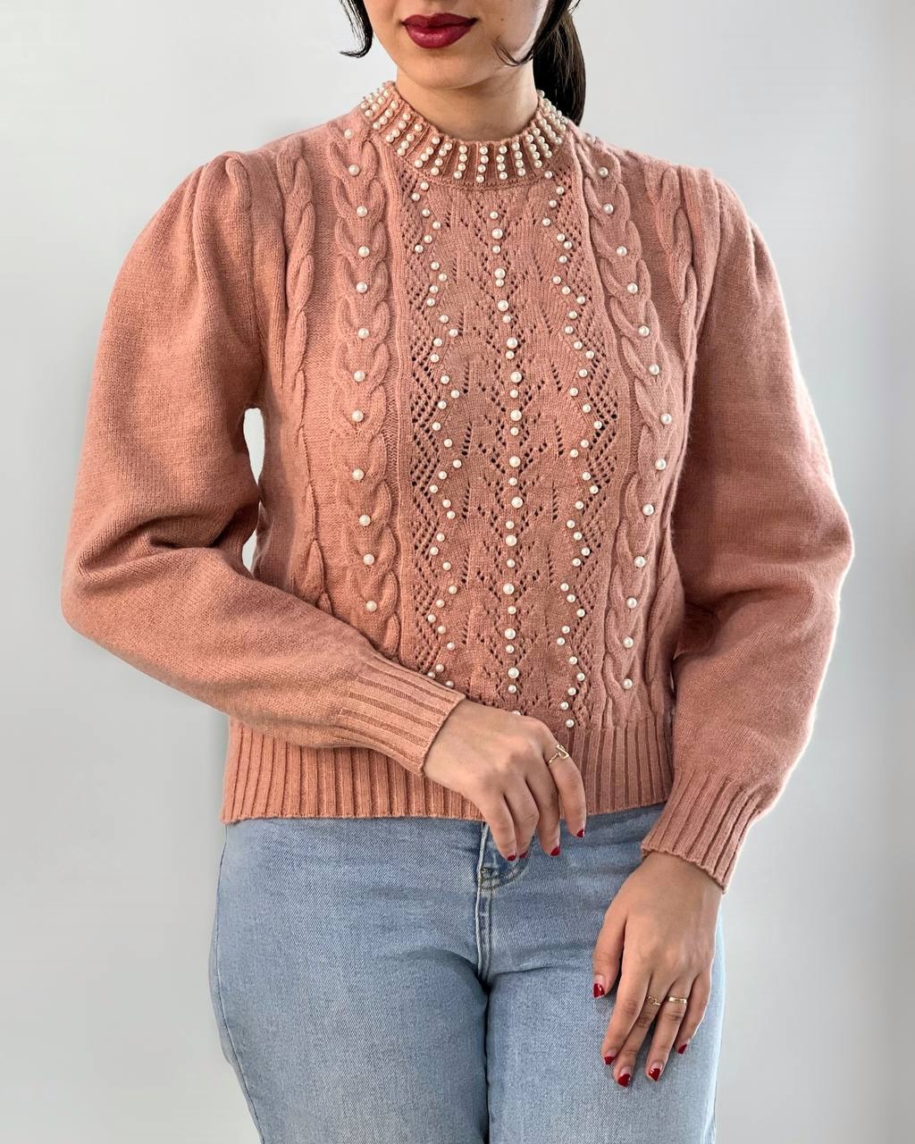 پلیور بافت مروارید آستین پف کد 4034