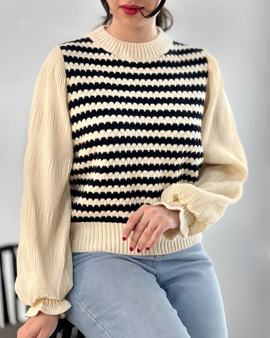 پلیور بافت آستین پلیسه کد 4039