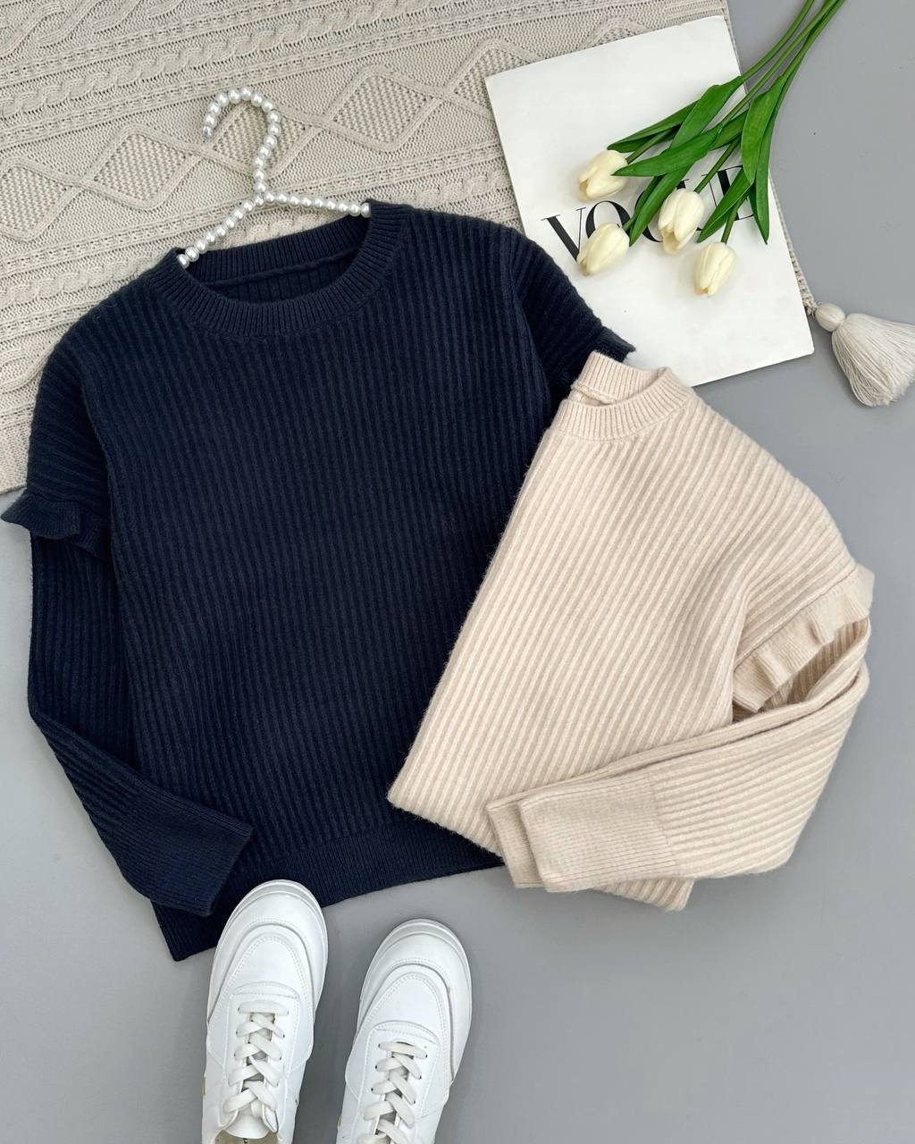 پلیور بافت آستین چین دو رنگ کد 4070