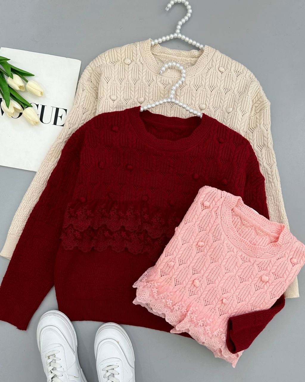 پلیور بافت نوار دانتل توپی کد 4072