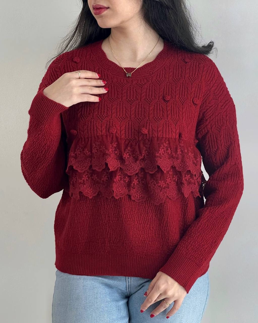 پلیور بافت نوار دانتل توپی کد 4072