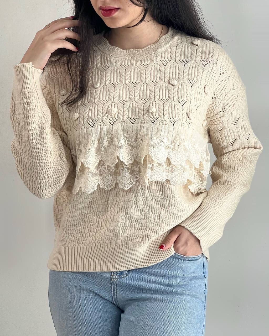 پلیور بافت نوار دانتل توپی کد 4072