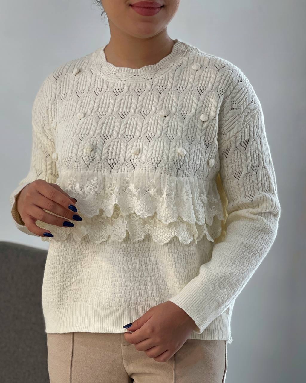 پلیور بافت نوار دانتل توپی کد 4072