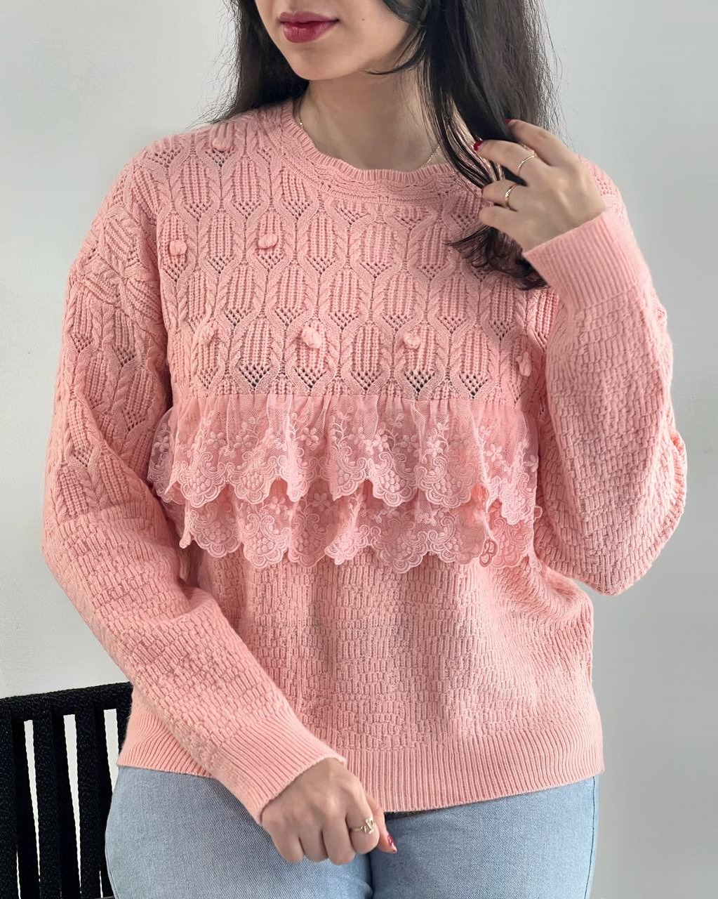 پلیور بافت نوار دانتل توپی کد 4072