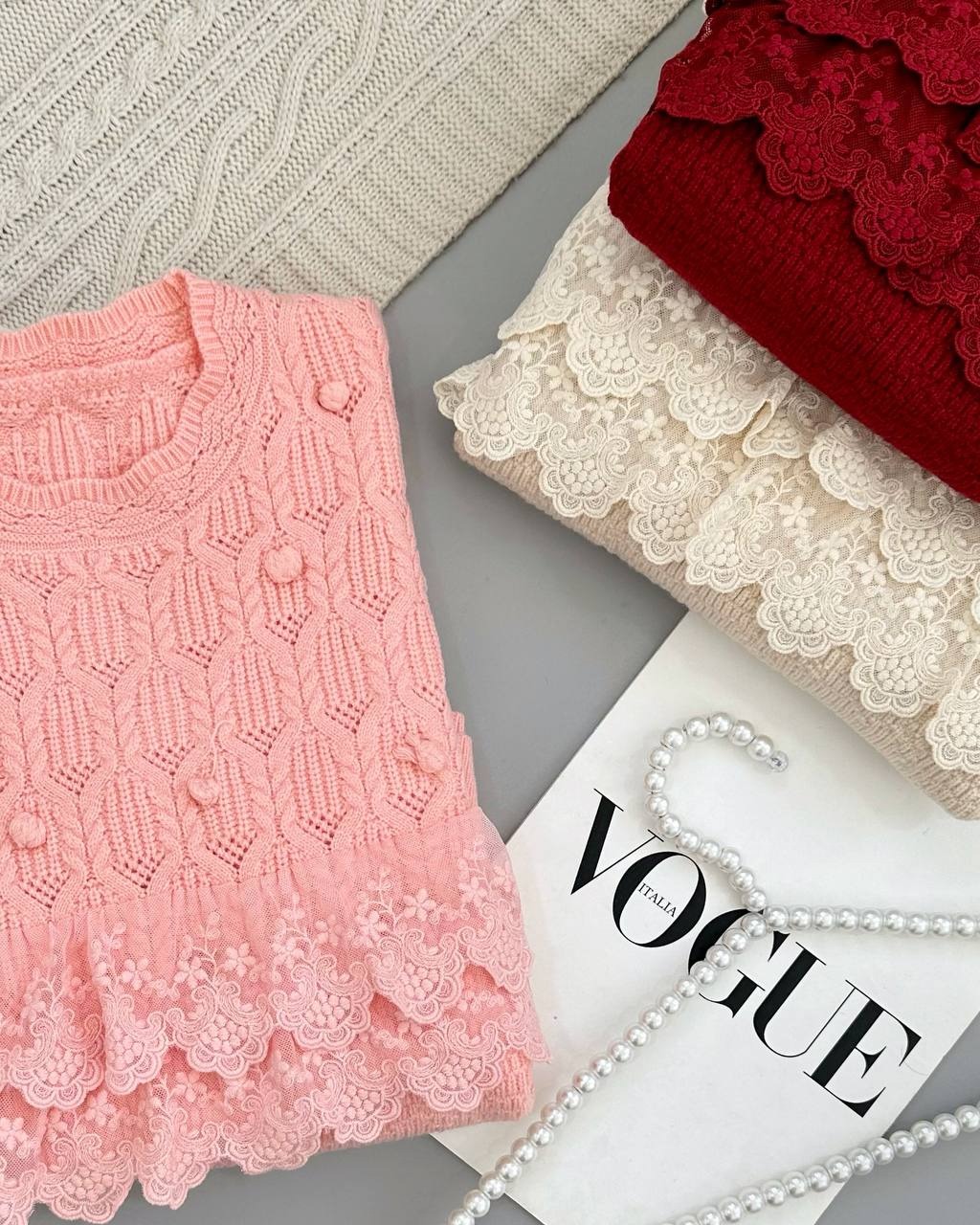 پلیور بافت نوار دانتل توپی کد 4072