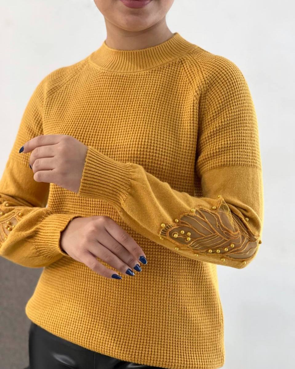 پلیور بافت آستین پف مروارید کد 4075