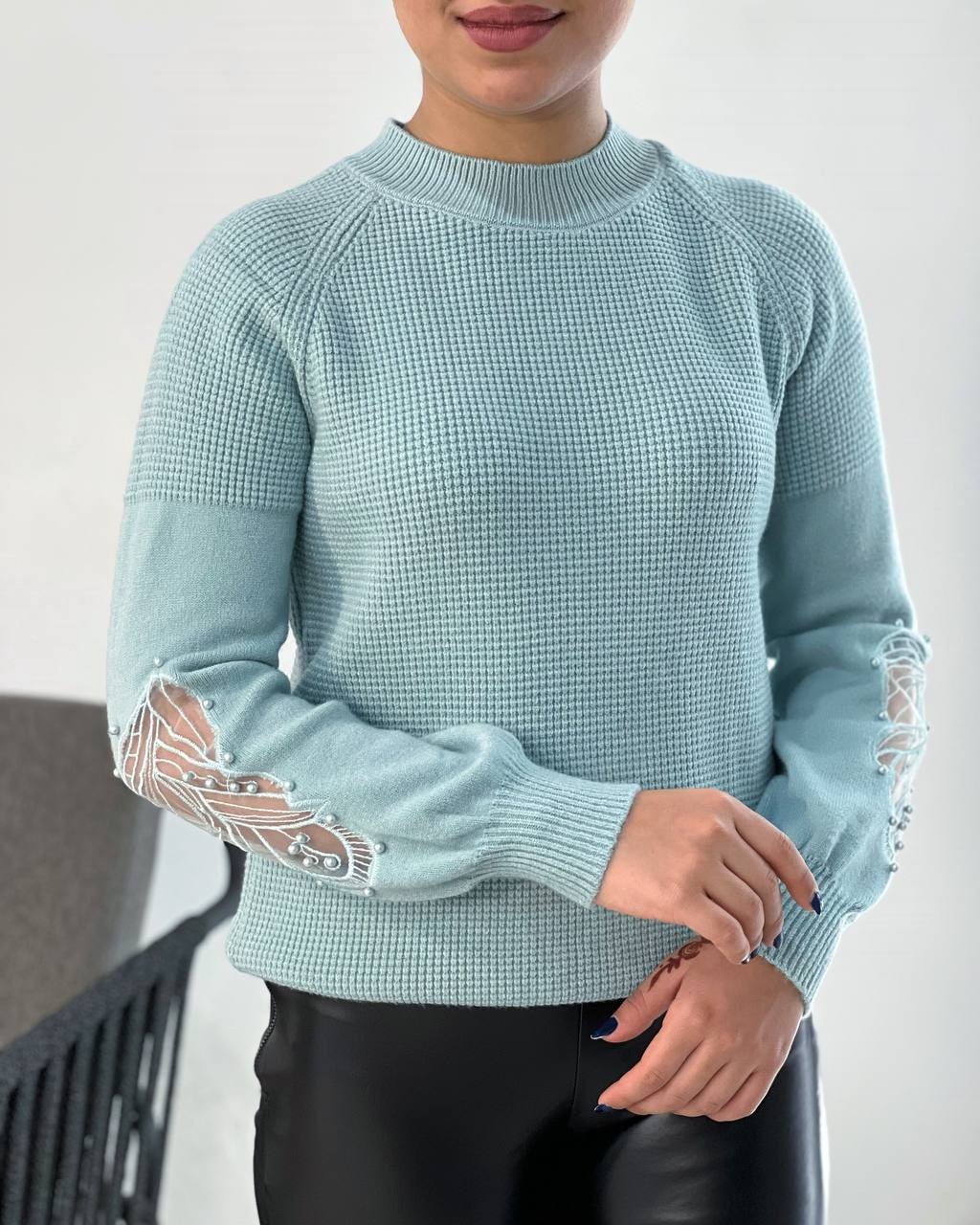 پلیور بافت آستین پف مروارید کد 4075