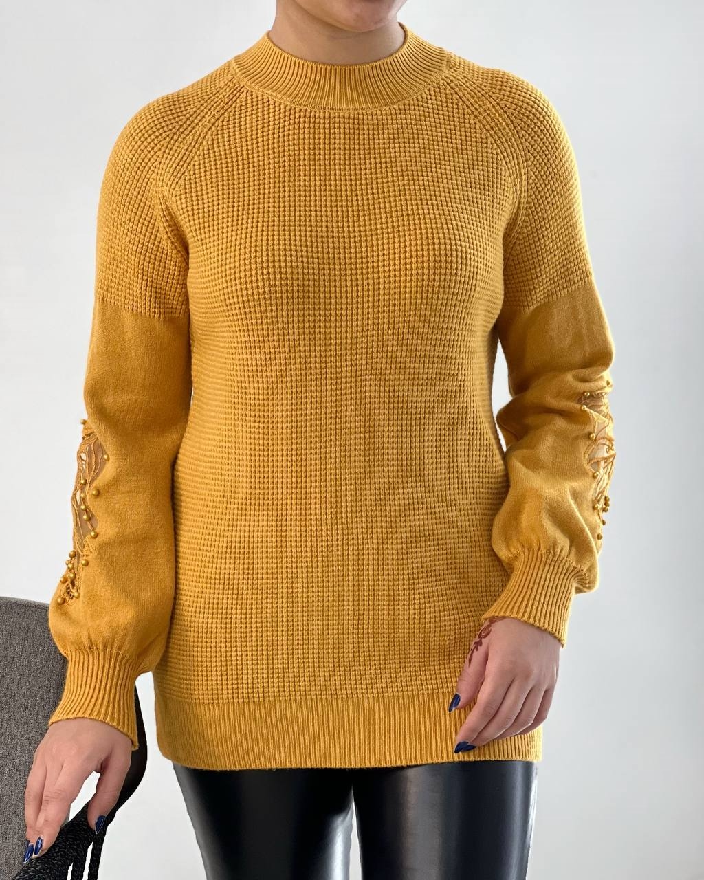 پلیور بافت آستین پف مروارید کد 4075