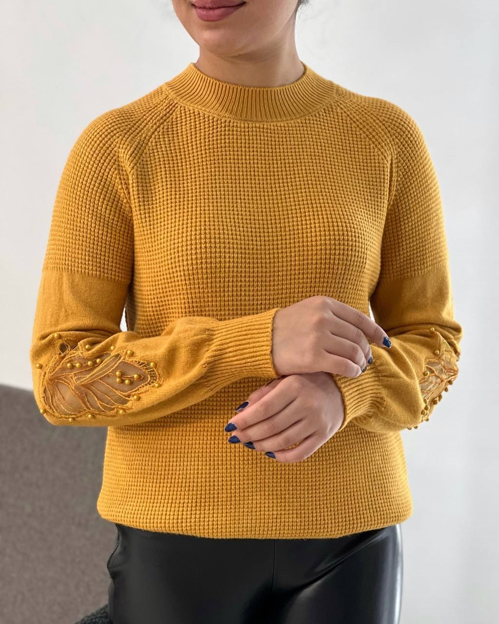 پلیور بافت آستین پف مروارید کد 4075