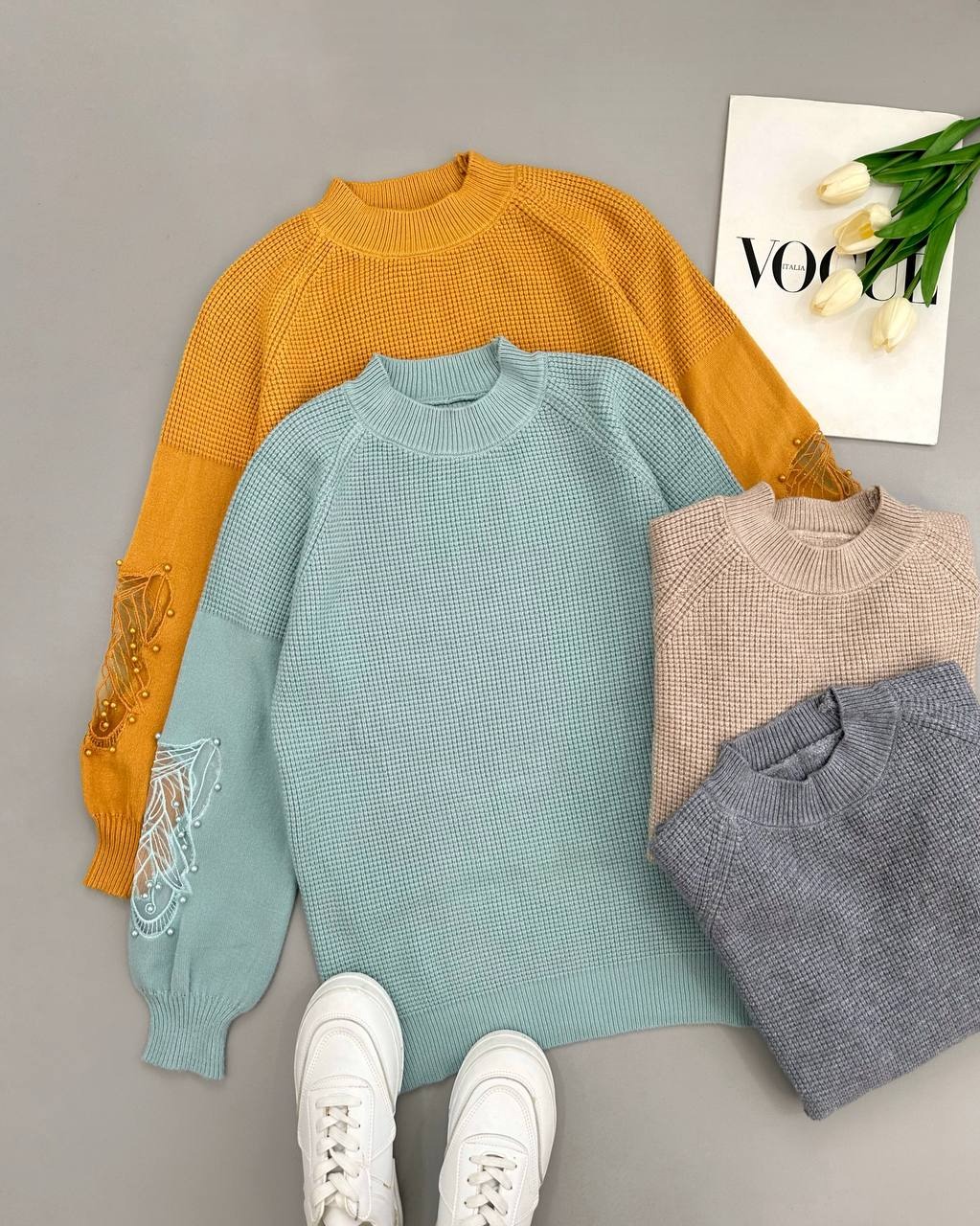 پلیور بافت آستین پف مروارید کد 4075