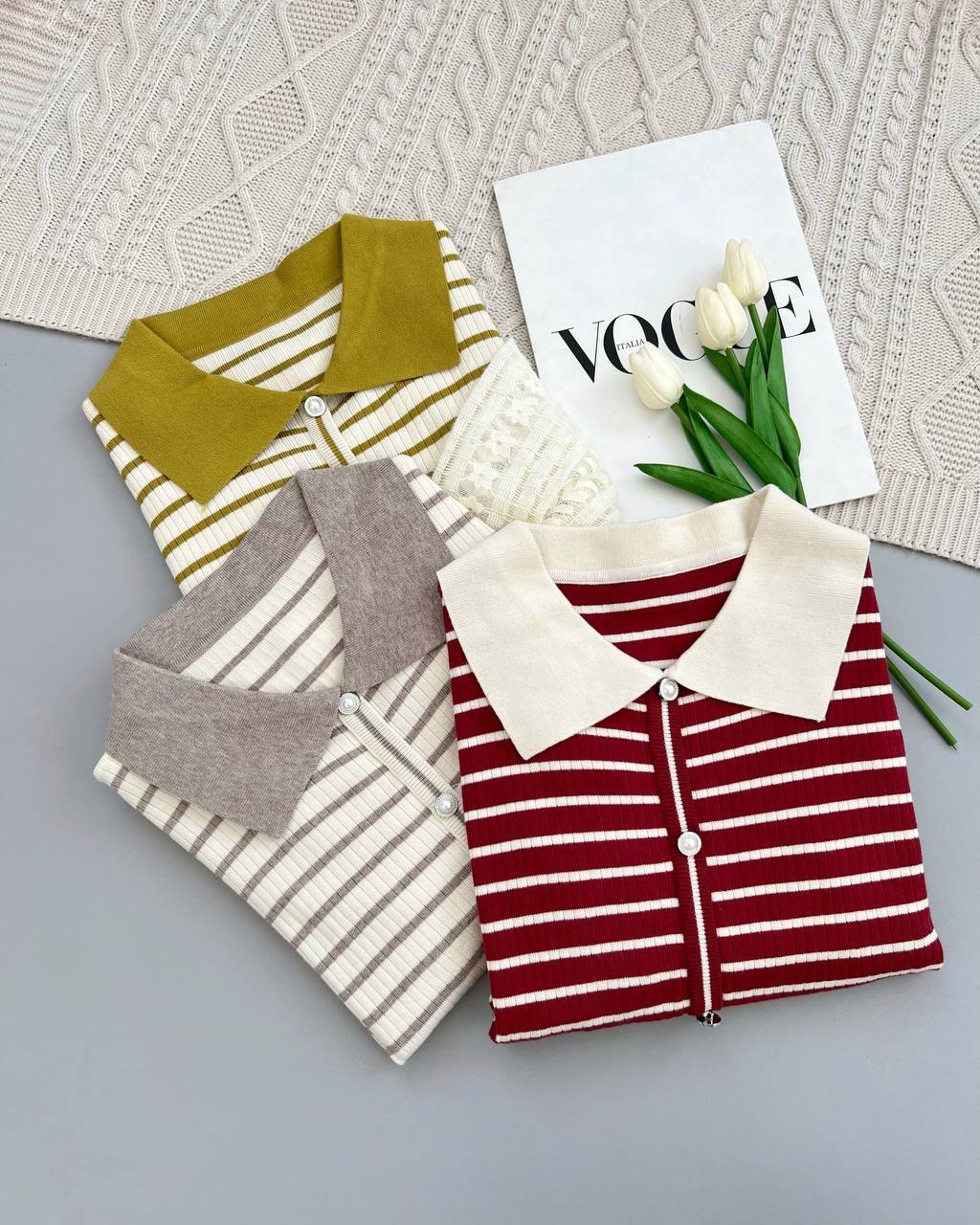 پلیور بافت آستین گیپور راه راه کد 4082